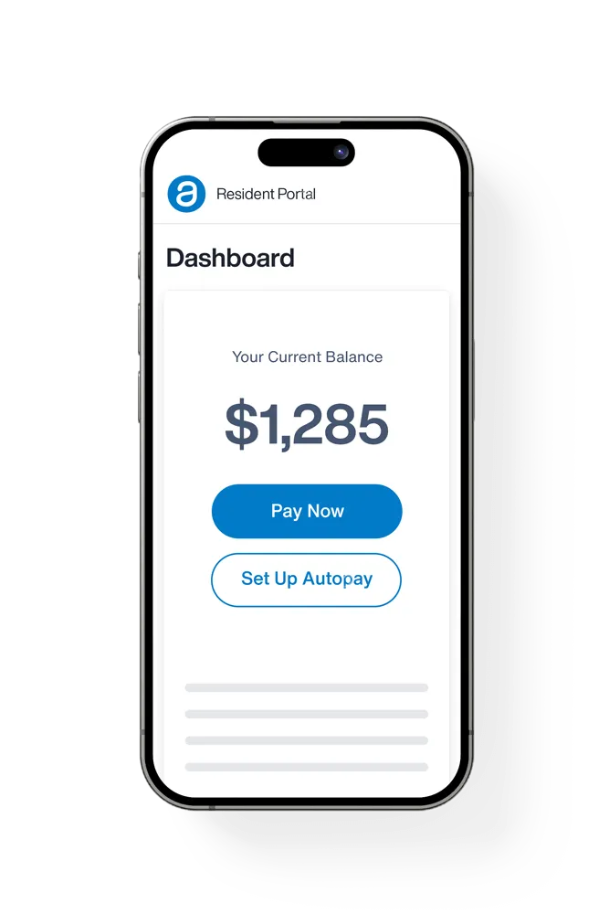 The Online Portal app on a phone, showing a resident's current balance and buttons to pay now or set up autopay