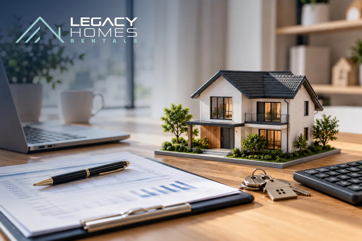 A model house with keys, a calculator and a clipboard of financial reports on a wooden desk