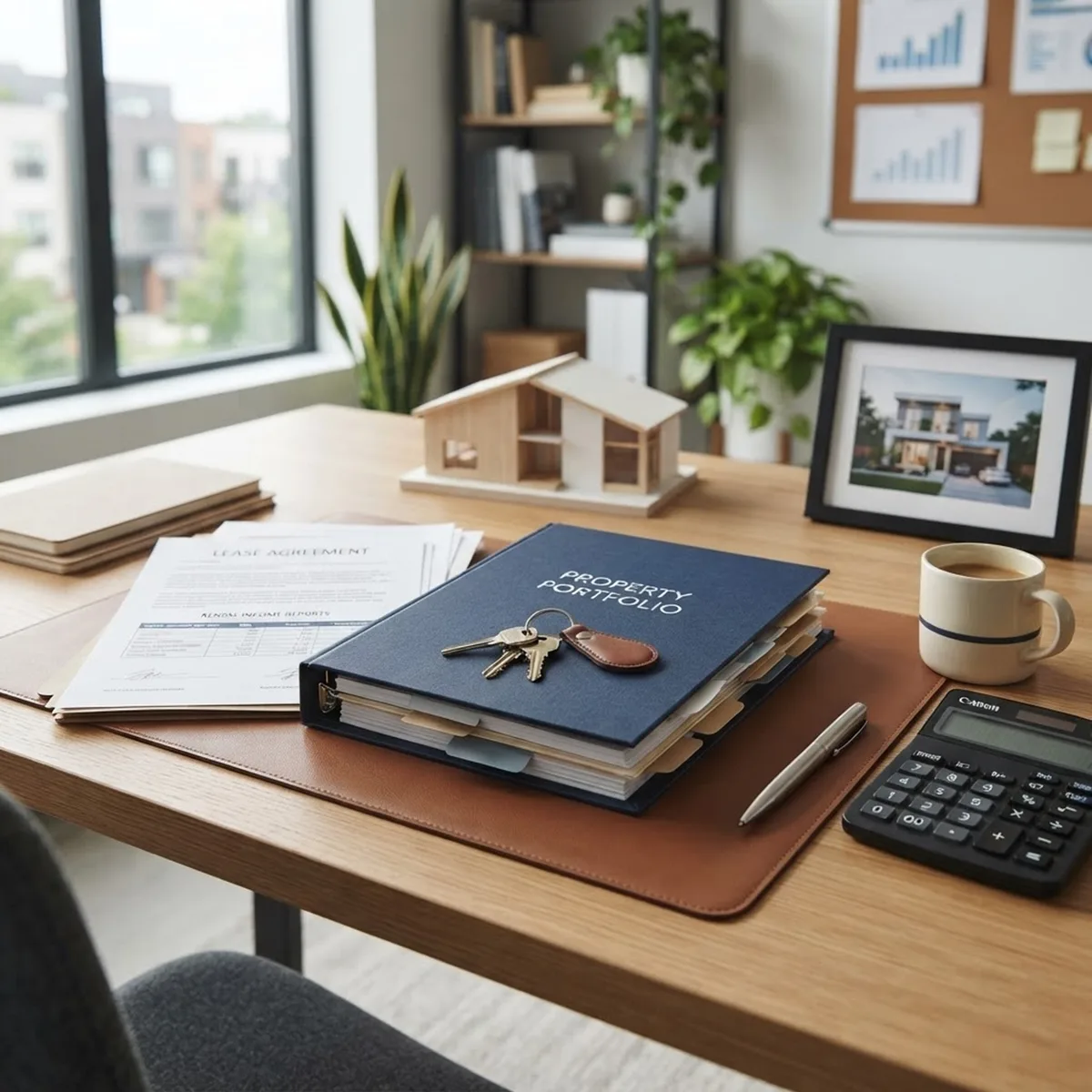 A property portfolio binder with house keys on an office desk, next to a lease agreement, a calculator and a small model house