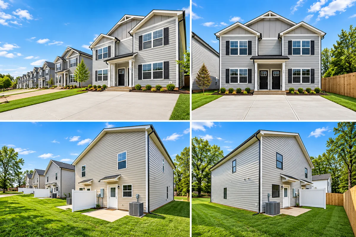 Front and back views of new two-story townhomes with driveways, front porches, rear patios and private fenced yards