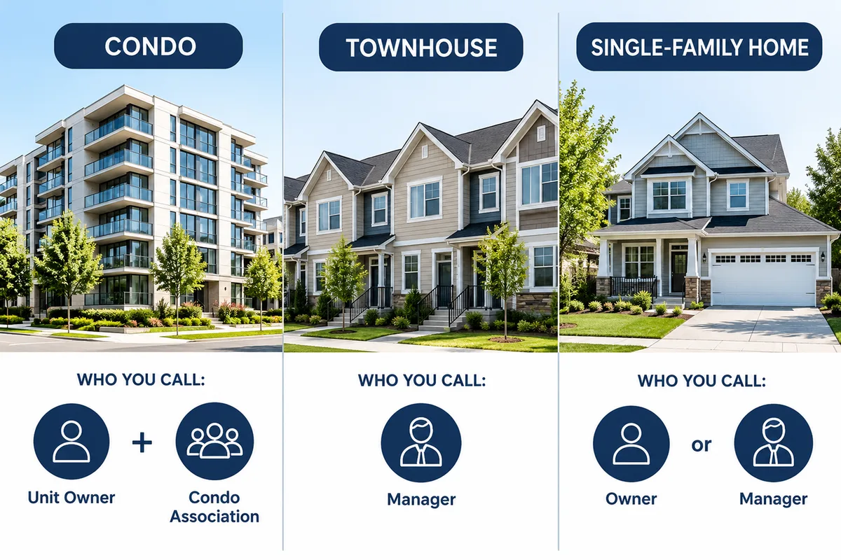 Illustration comparing who handles repairs and rules when you rent a condo, a townhouse or a single-family home
