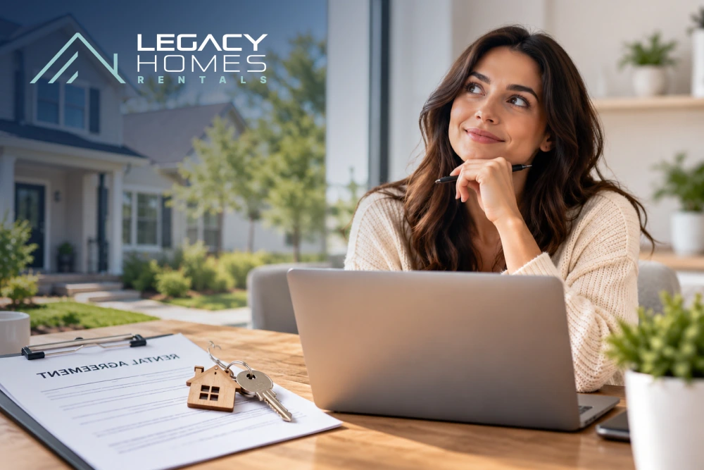 A renter at a laptop thinking about her application, with a rental agreement and house keys on the table