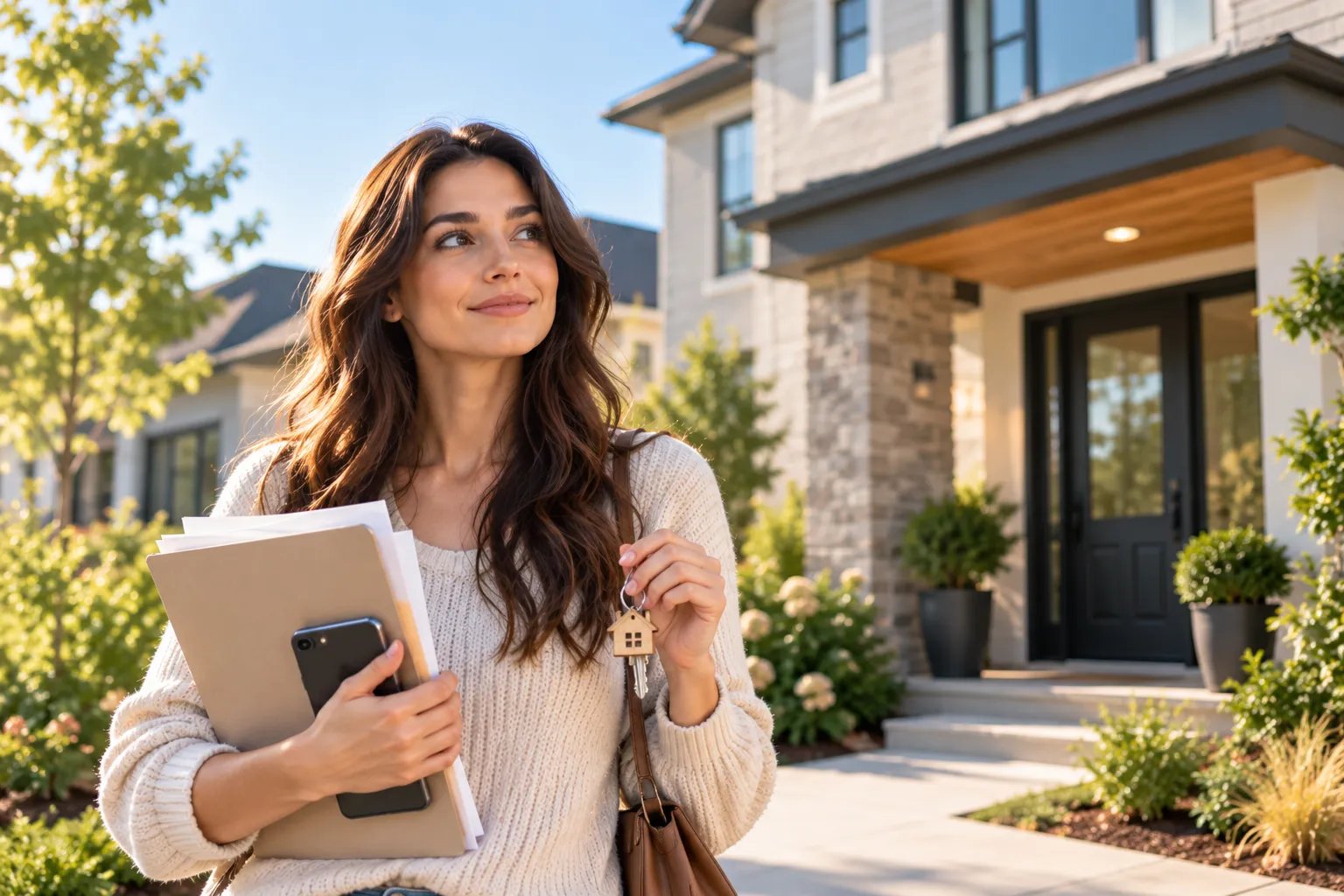 A smiling renter outside a new home, holding a folder of documents, a phone and a set of house keys