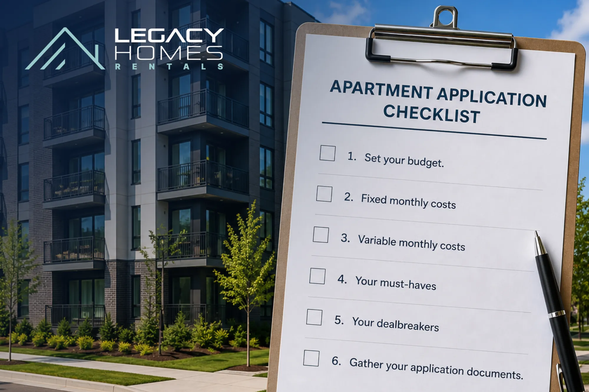 An apartment application checklist on a clipboard in front of an apartment building