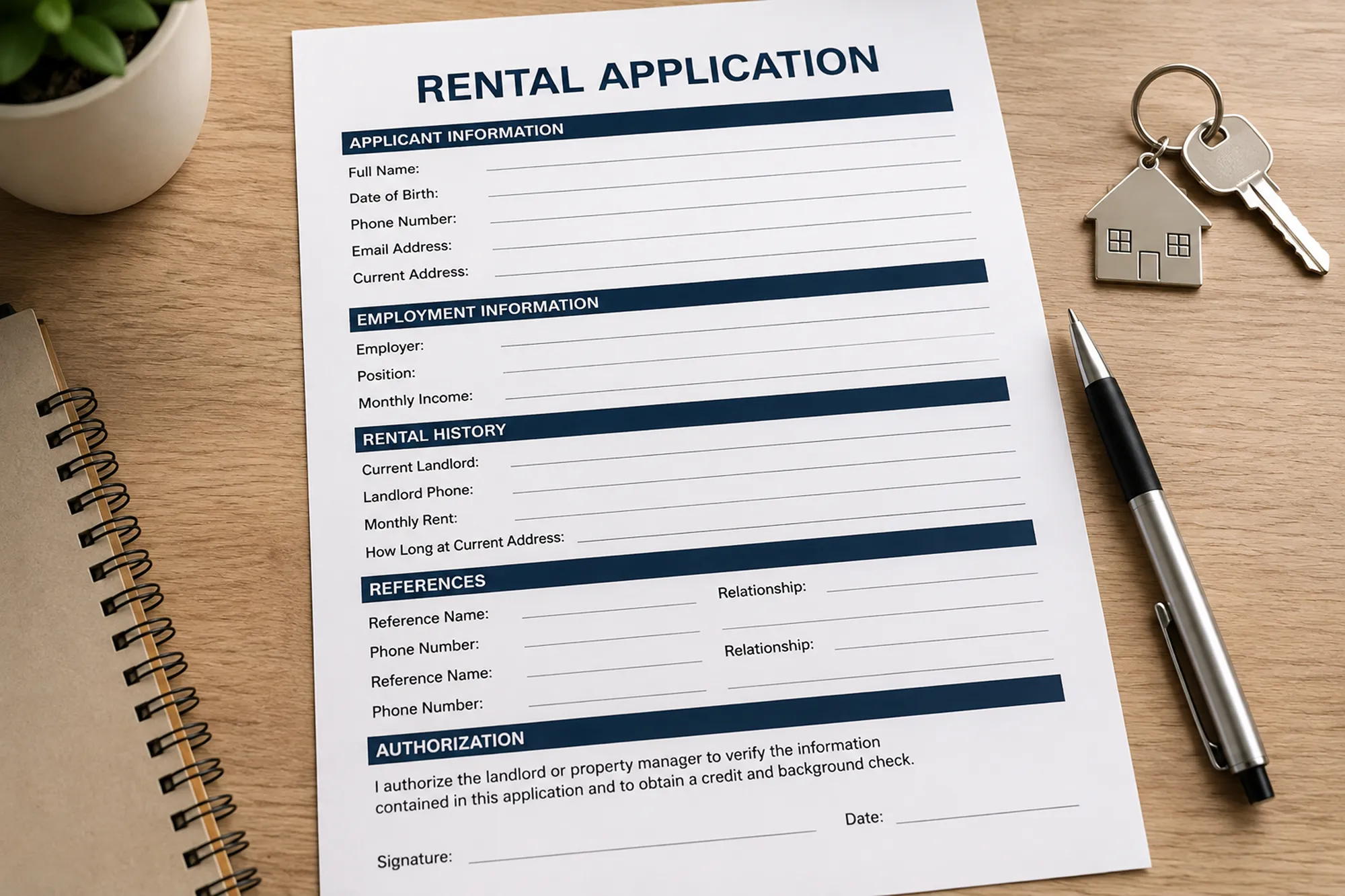 A blank rental application form on a desk with a pen, notebook and house keys