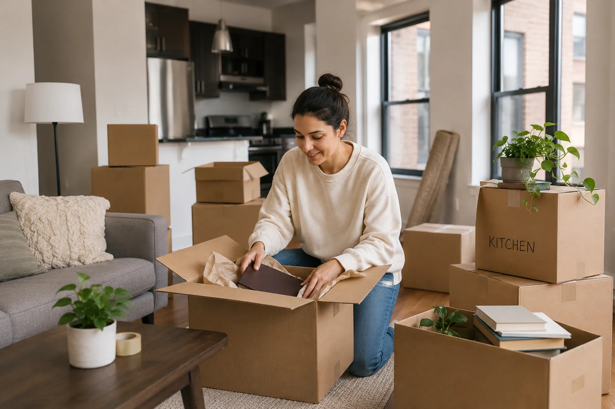 A woman kneeling on the floor of a new apartment, unpacking a cardboard moving box