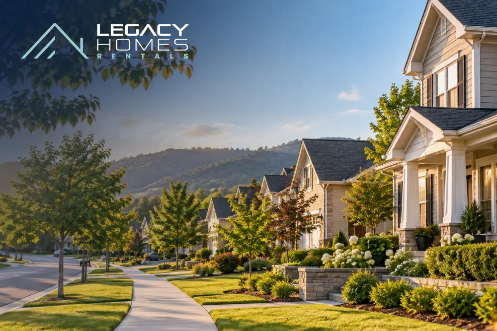 A tree-lined street of new townhomes with landscaped front yards in Hickory Springs, with hills in the distance