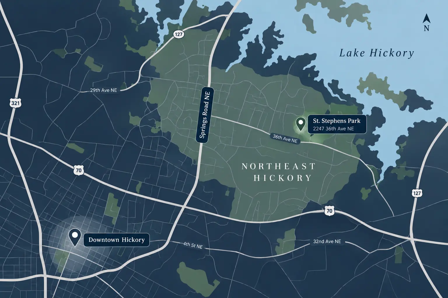 Map of Northeast Hickory between Springs Road NE and Lake Hickory, with St. Stephens Park at 2247 36th Ave NE and Downtown Hickory to the southwest