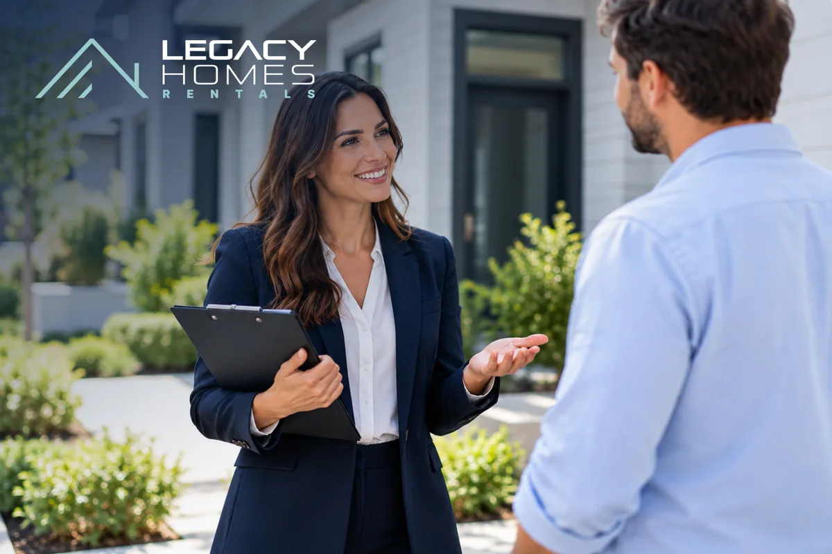 A smiling property manager with a clipboard talking with a rental owner outside a new townhome