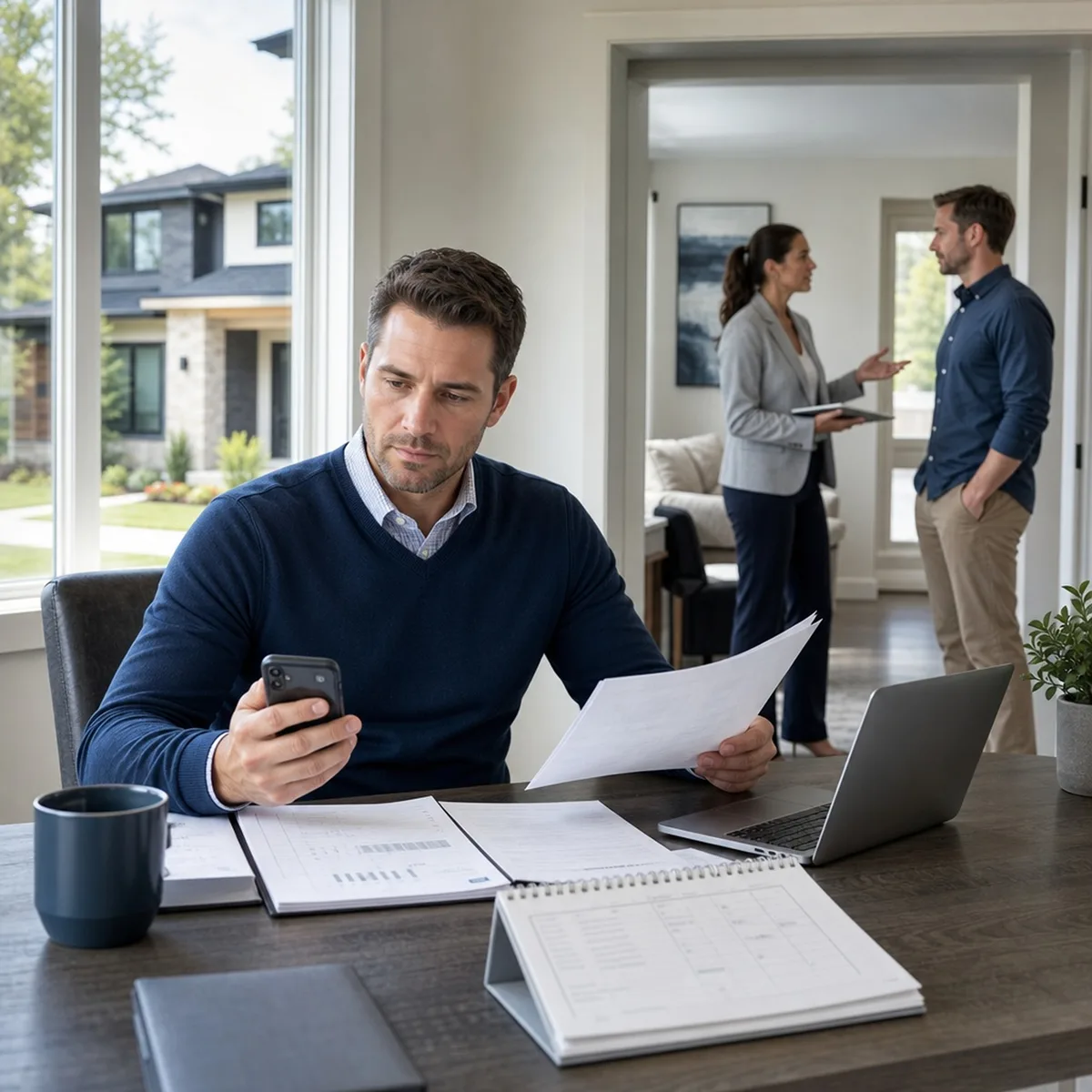 A rental owner at a home office desk checking his phone and paperwork while a property manager talks with a tenant in the next room