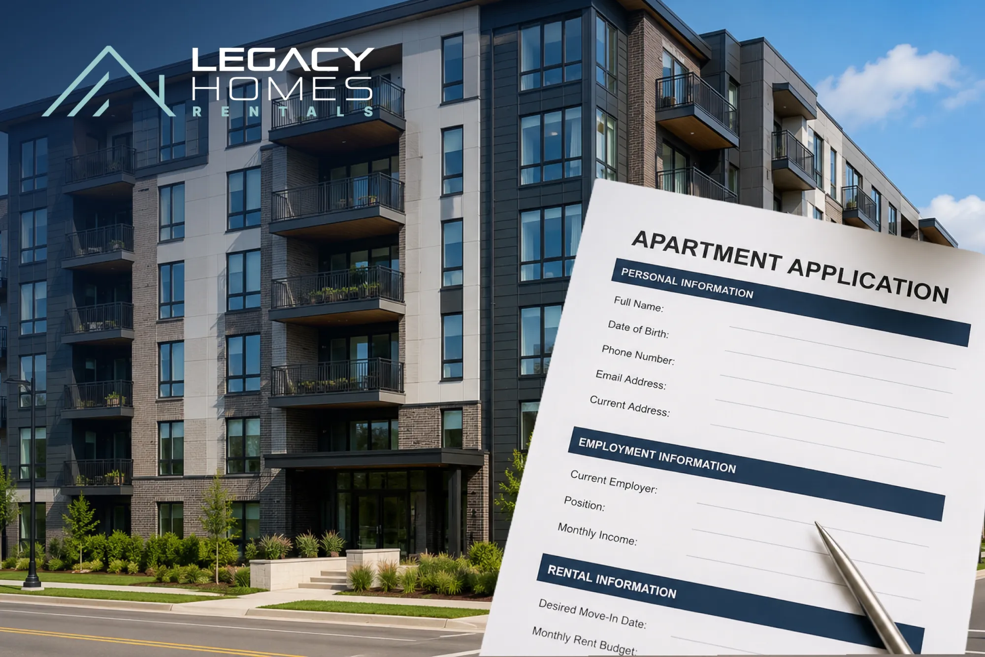 An apartment building behind a printed apartment application form