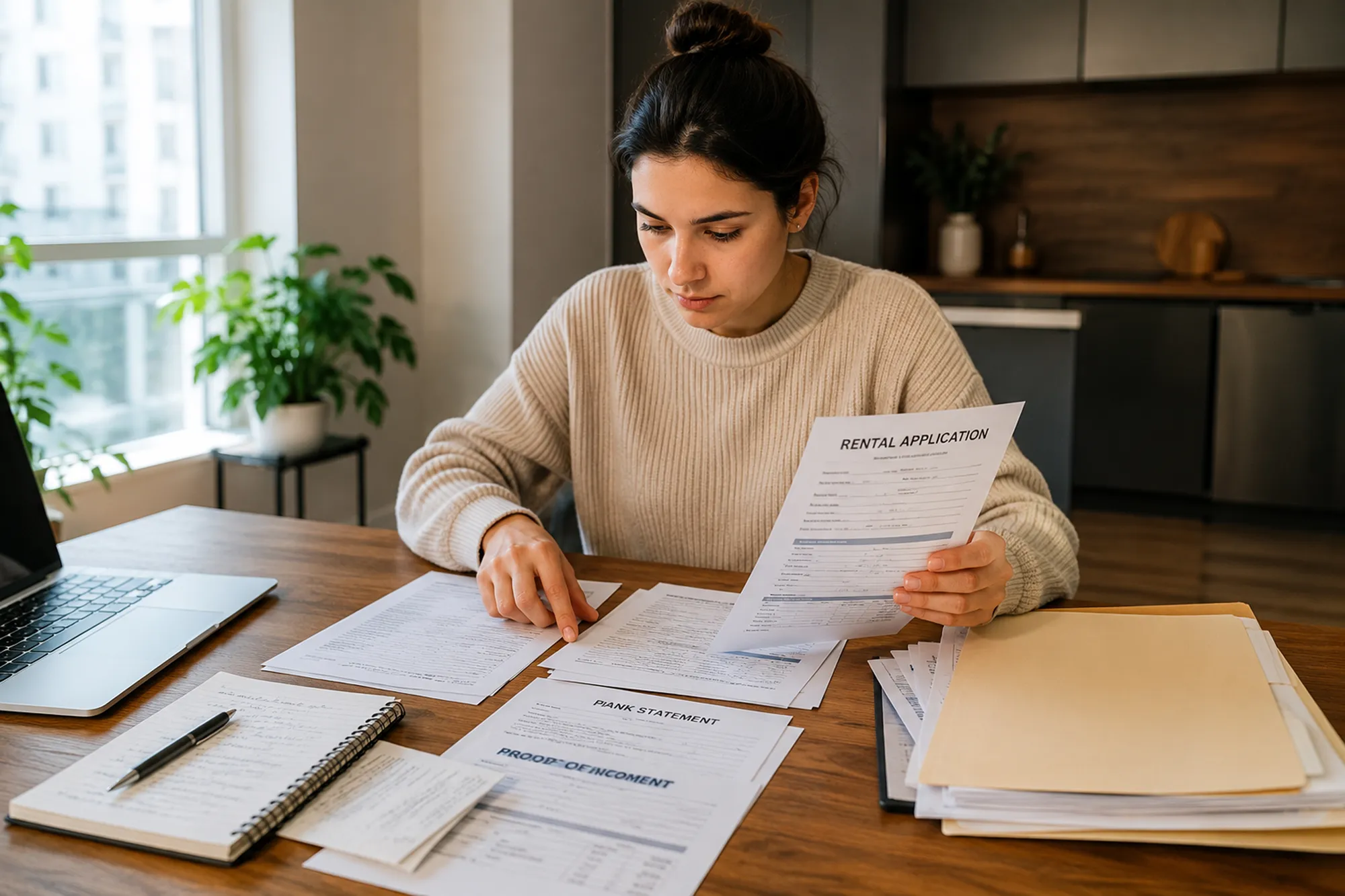 A woman at a kitchen table sorting a rental application, bank statement and proof of income