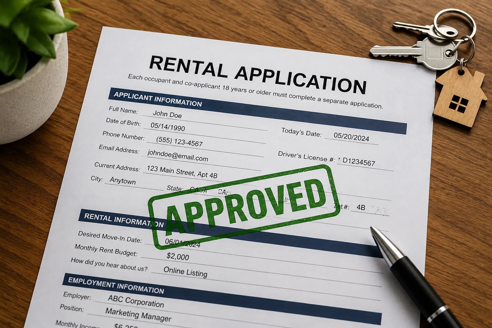 A rental application stamped APPROVED in green, with a set of keys on a house keyring beside it
