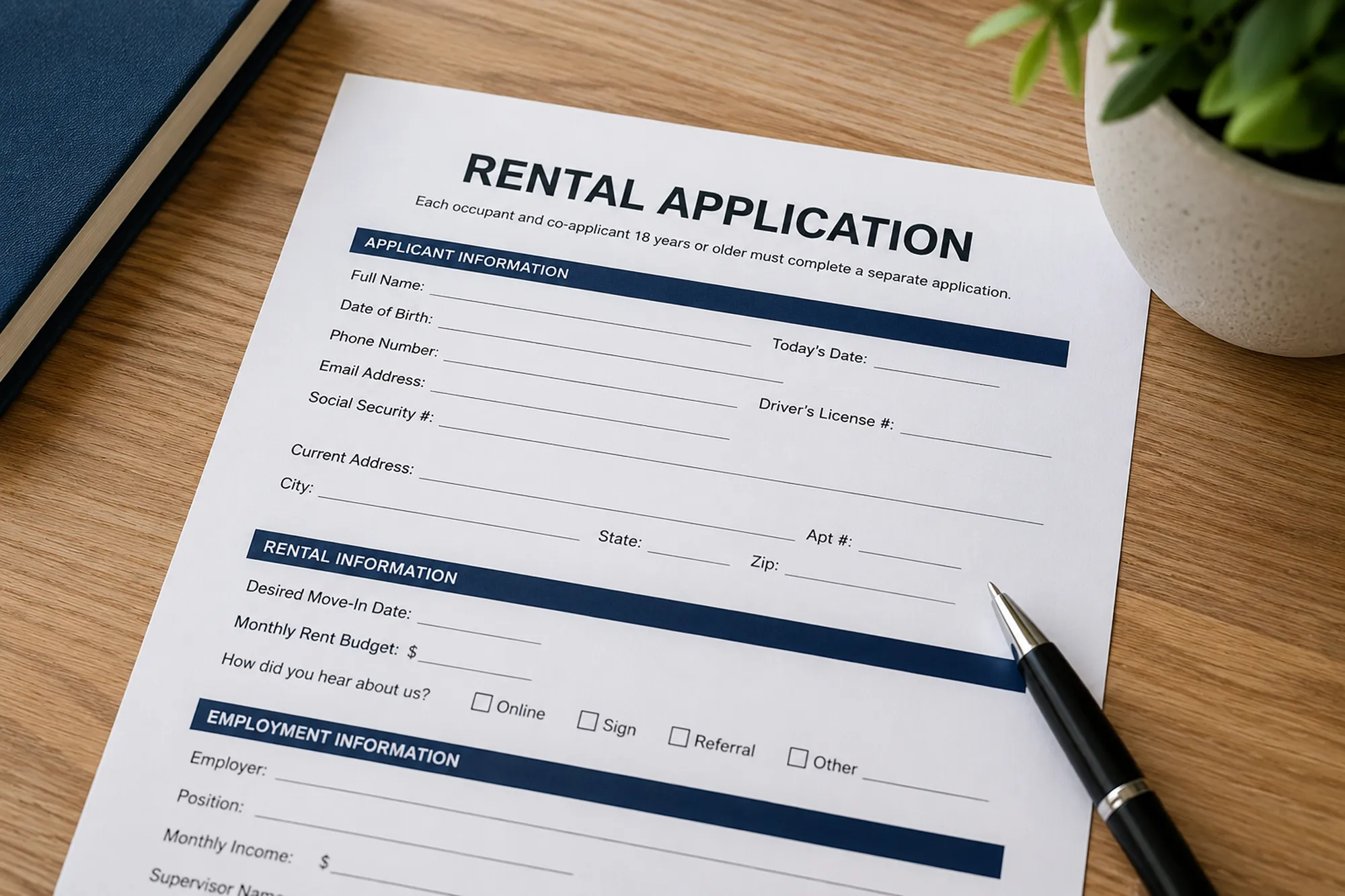 A printed rental application form on a desk with a pen beside it