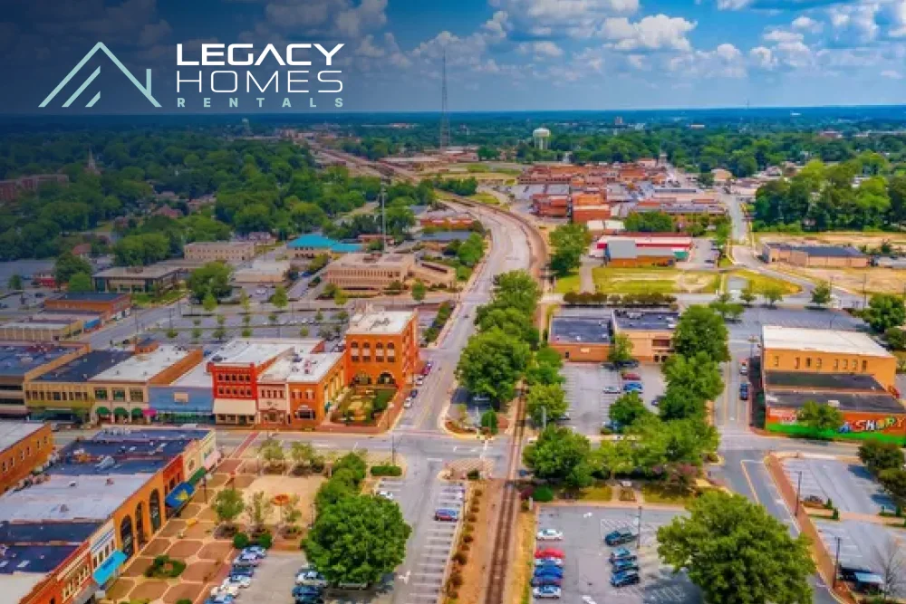 Aerial view of downtown Hickory, North Carolina, with Union Square, the rail line and tree-lined streets