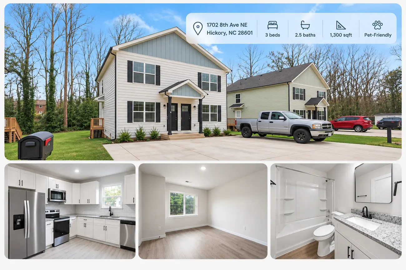 A new two-storey townhome at 1702 8th Ave NE, Hickory NC, with 3 beds, 2.5 baths and 1,300 sq ft, shown with its kitchen, a bedroom and a bathroom