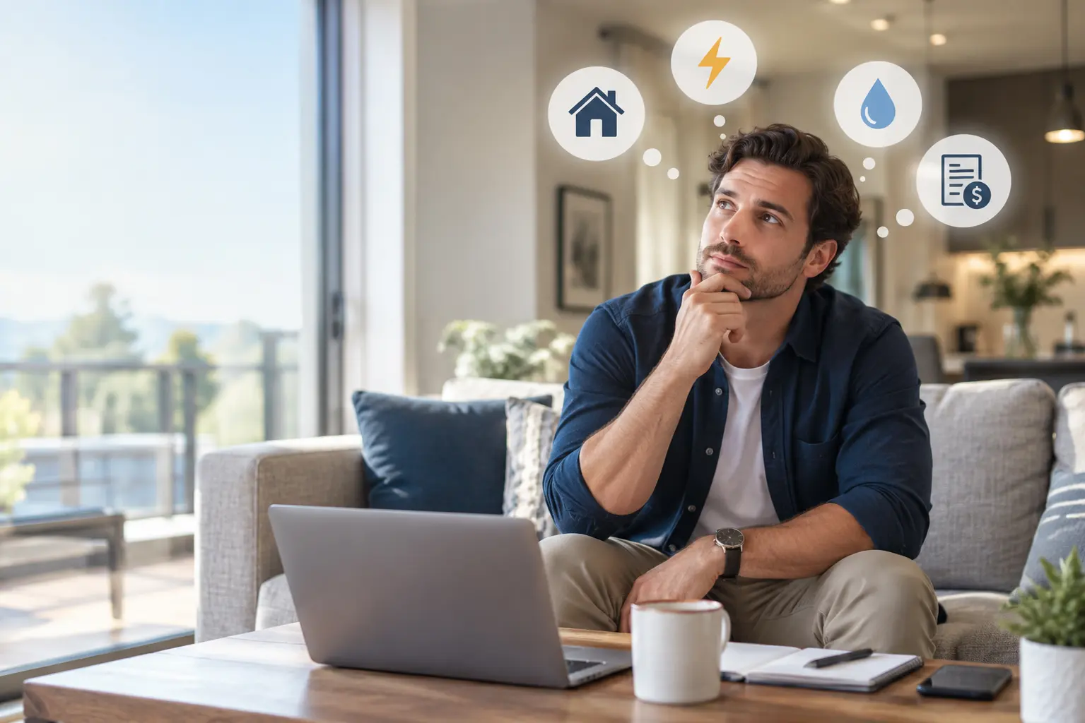 A renter on a sofa with a laptop, thinking through rent, electricity, water and bills