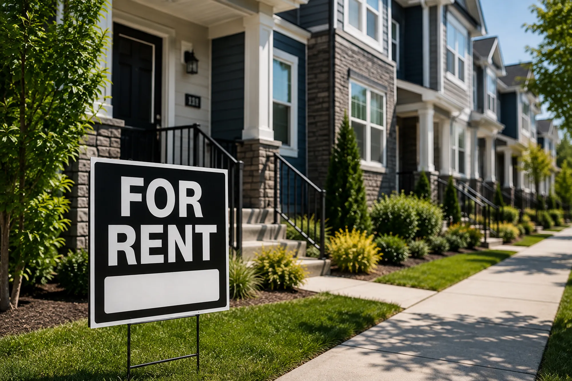 A For Rent yard sign on the lawn outside a row of townhouses
