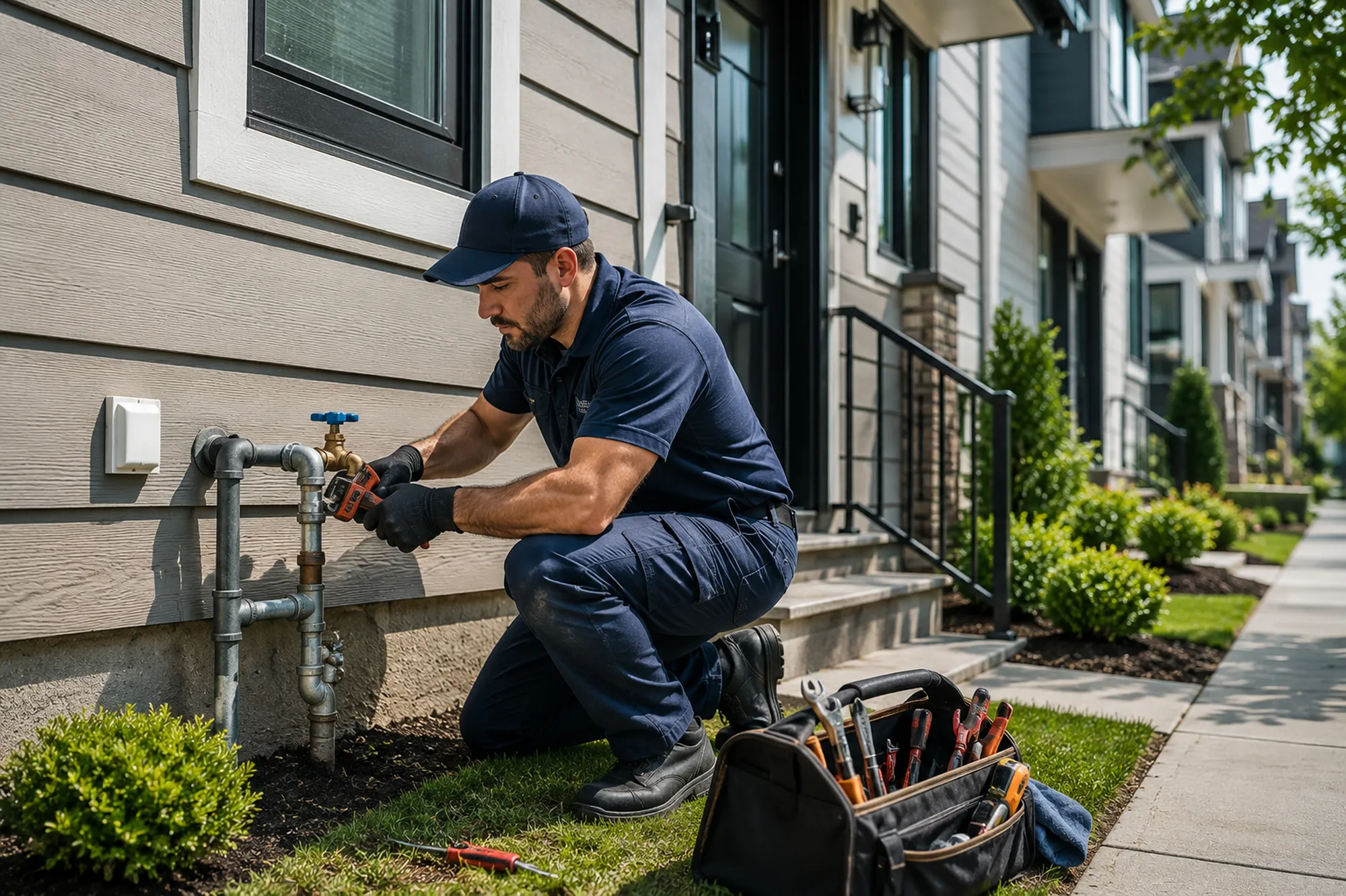 A maintenance technician repairing an outdoor water valve at the side of a townhouse