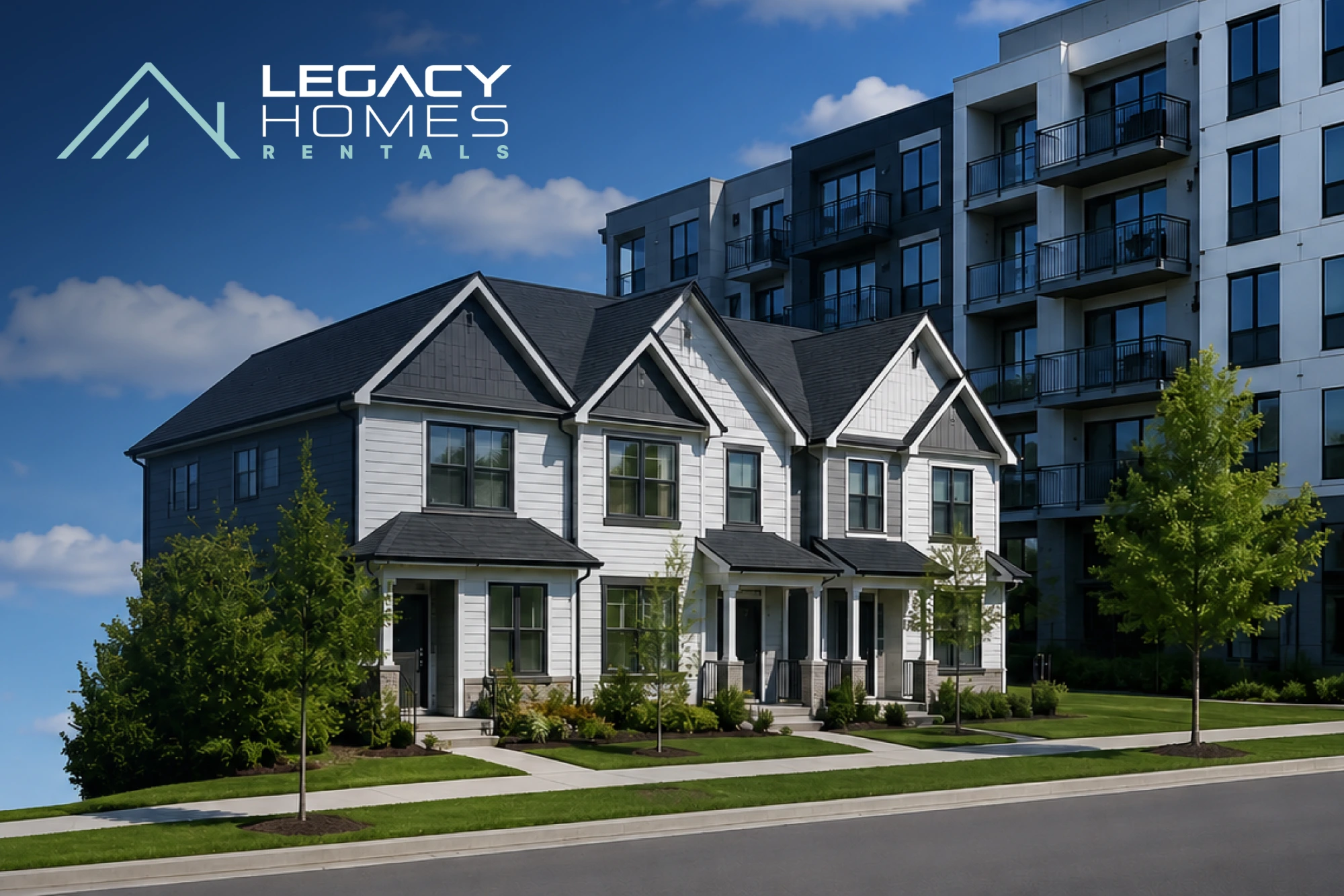 A row of white Legacy Homes Rentals townhouses with an apartment building behind them