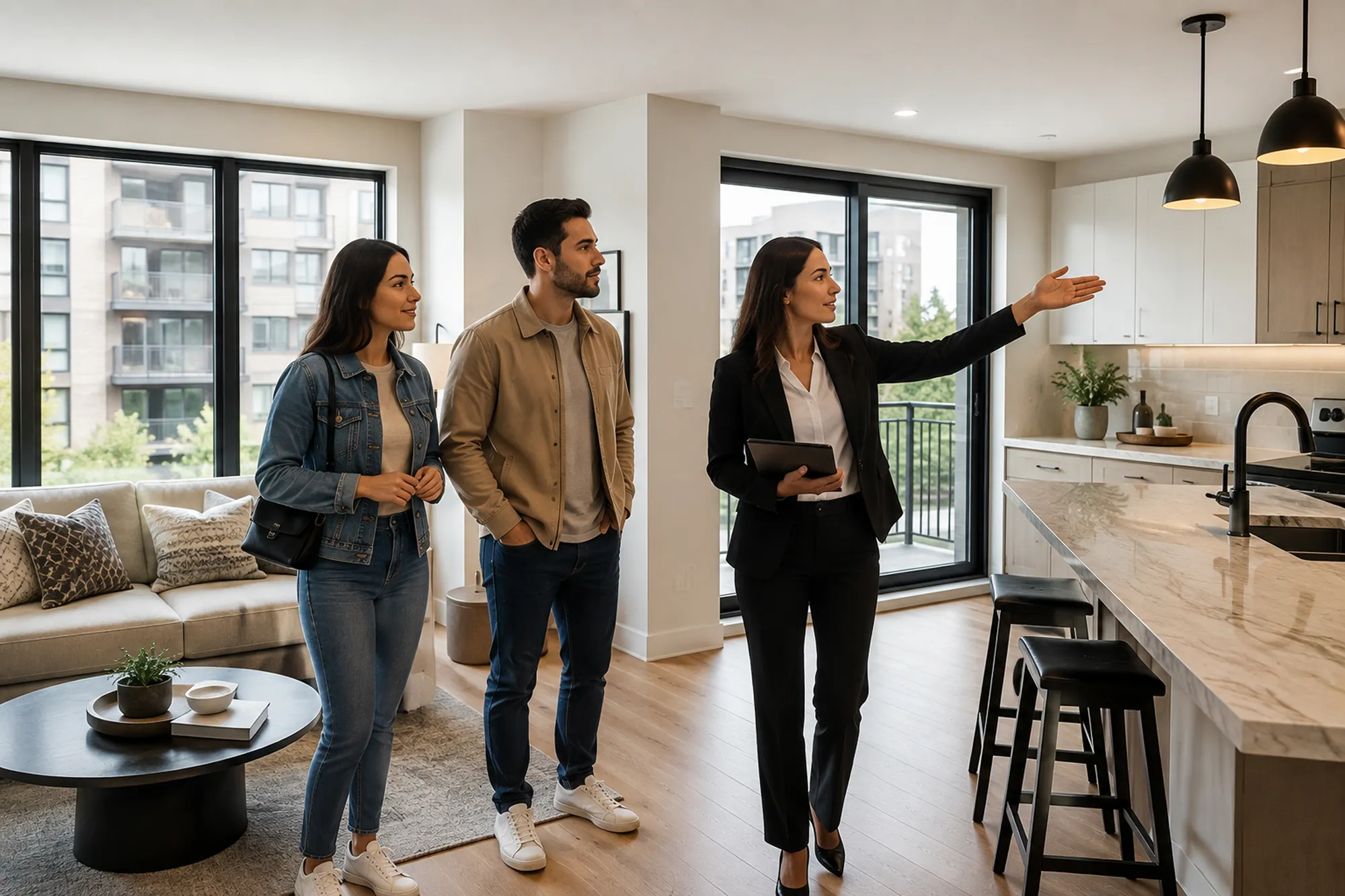 A couple touring an apartment with a leasing agent pointing out the kitchen