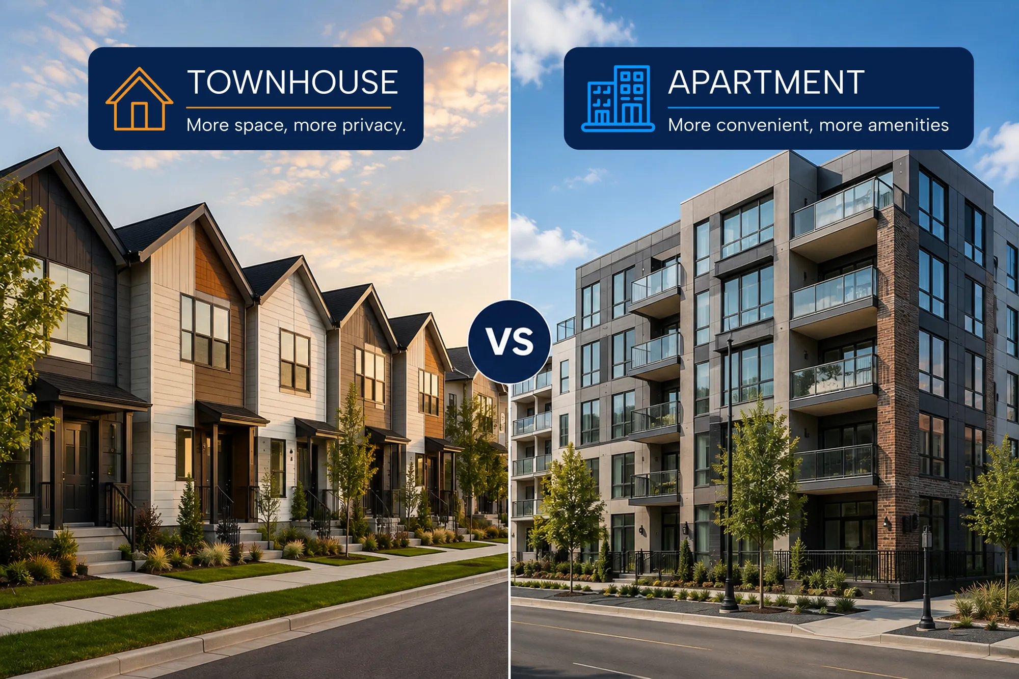 A row of townhouses labelled more space, more privacy beside an apartment building labelled more convenient, more amenities