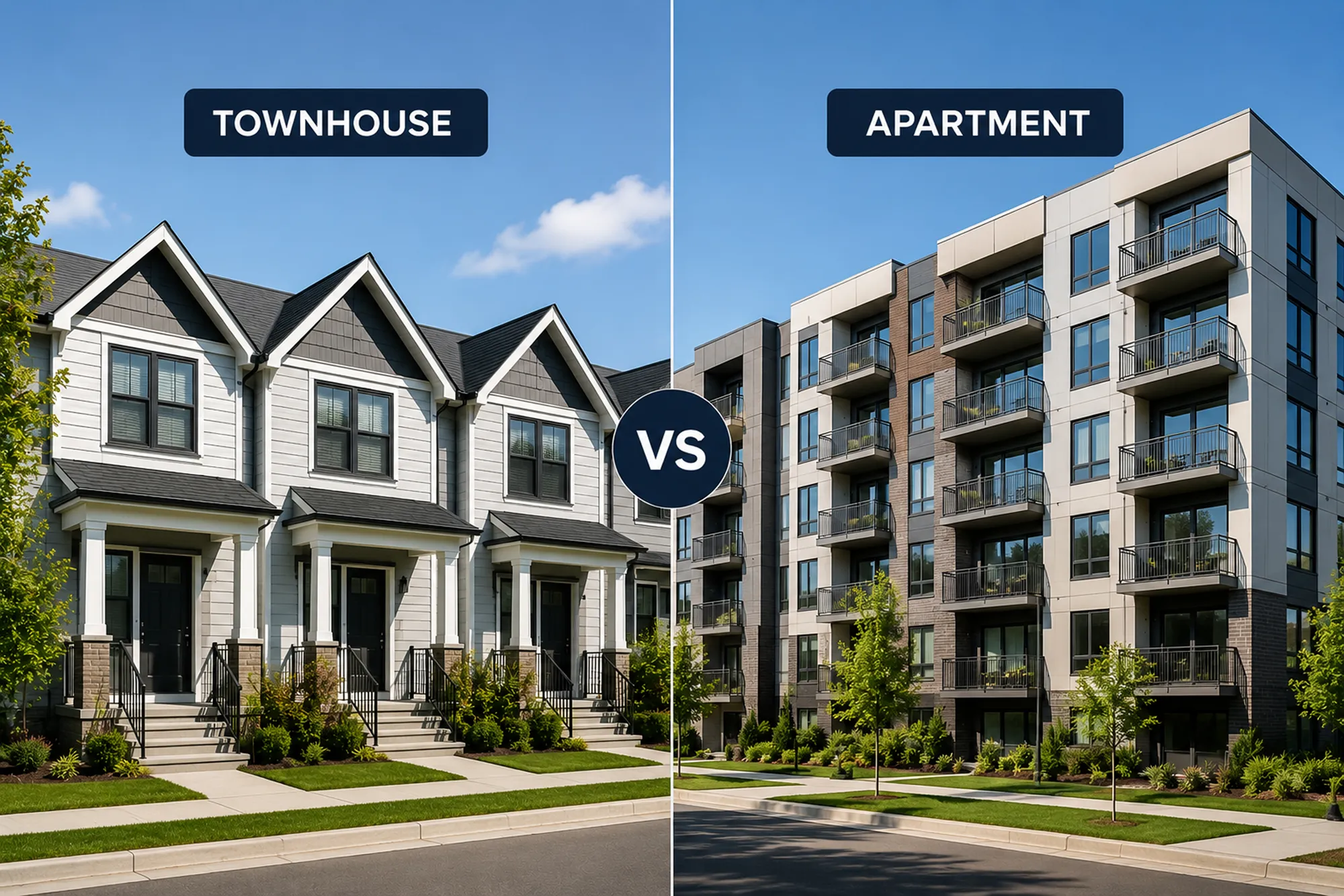 A row of townhouses labelled Townhouse beside a five-storey building labelled Apartment