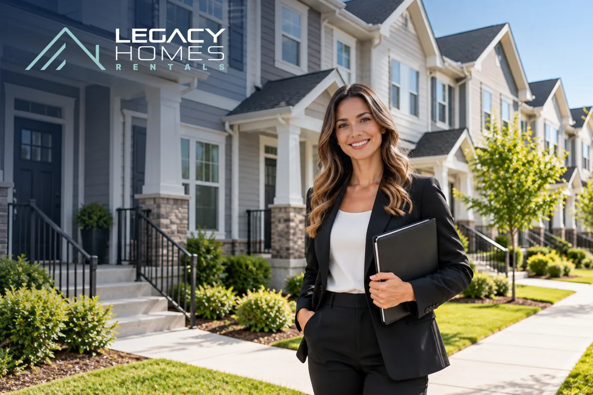 A smiling leasing agent holding a tablet in front of a row of new two-story townhomes with front porches