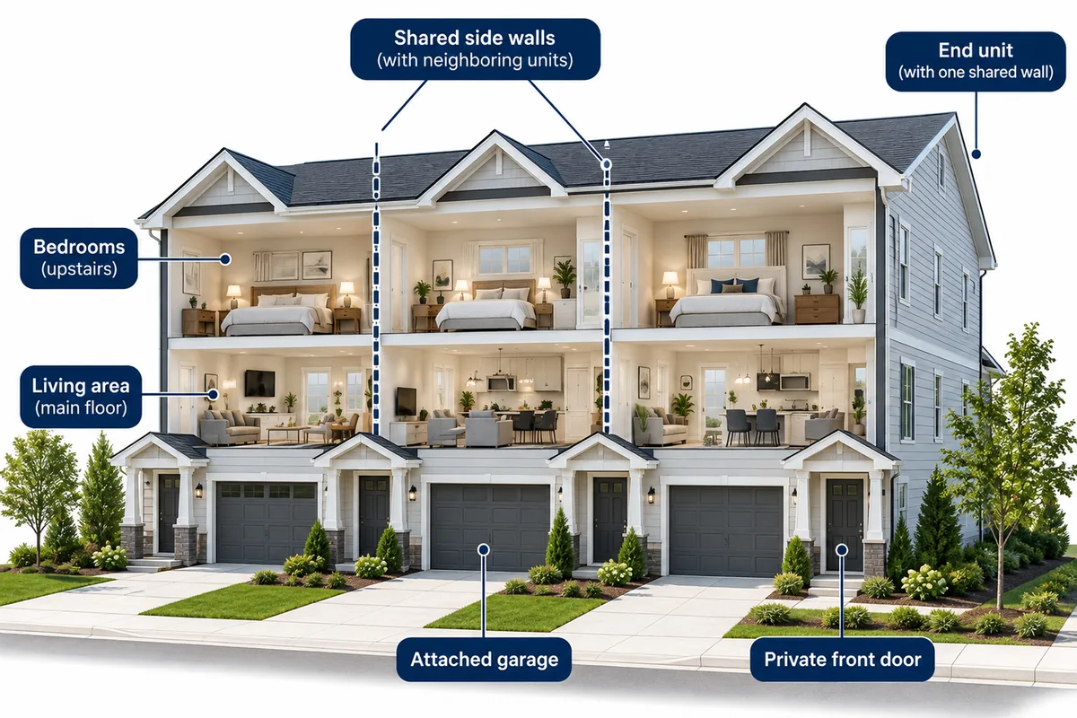 Cutaway illustration showing the shared walls, two floors, front door and garage of a townhome row