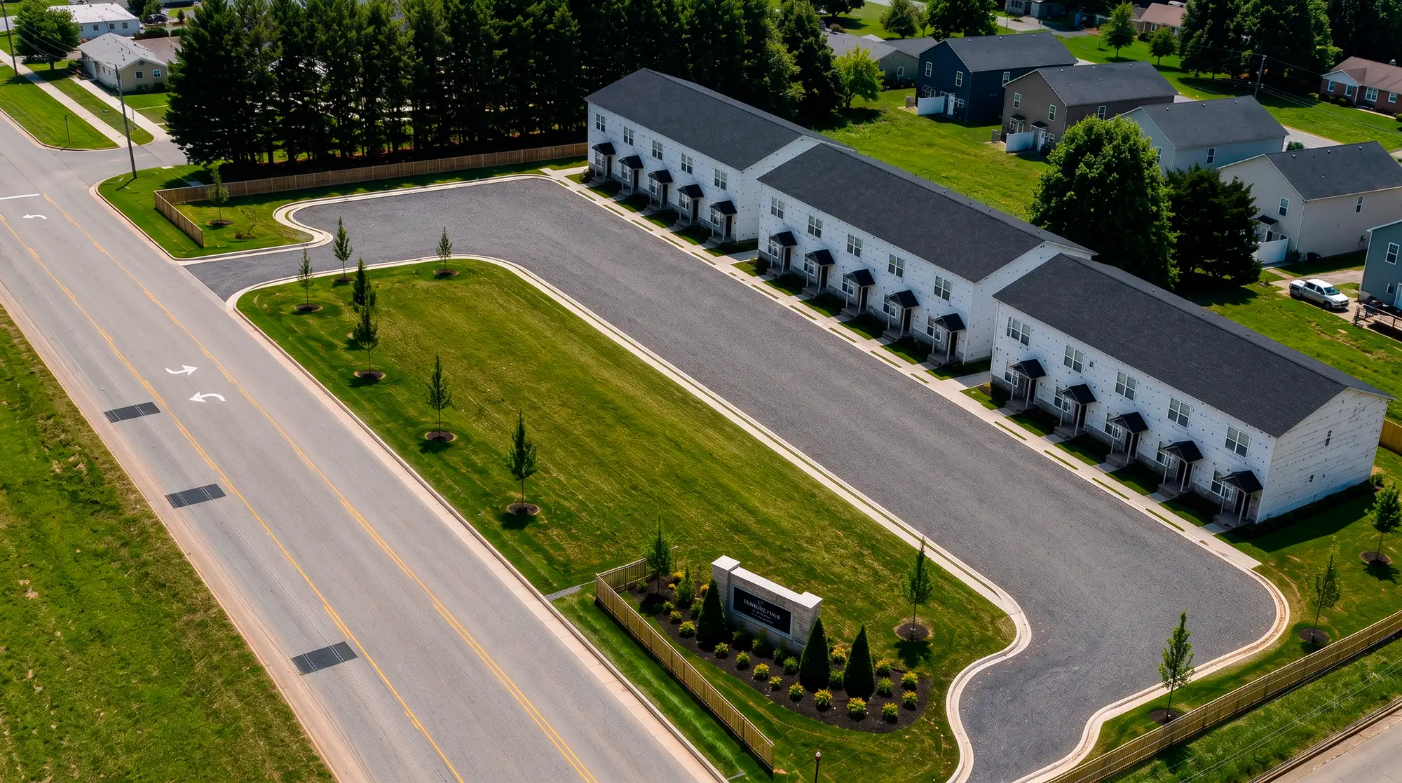 Aerial view of the Legacy Signature Rentals townhome community in Conover, NC — three rows of white townhomes with dark roofs behind a landscaped stone entrance sign