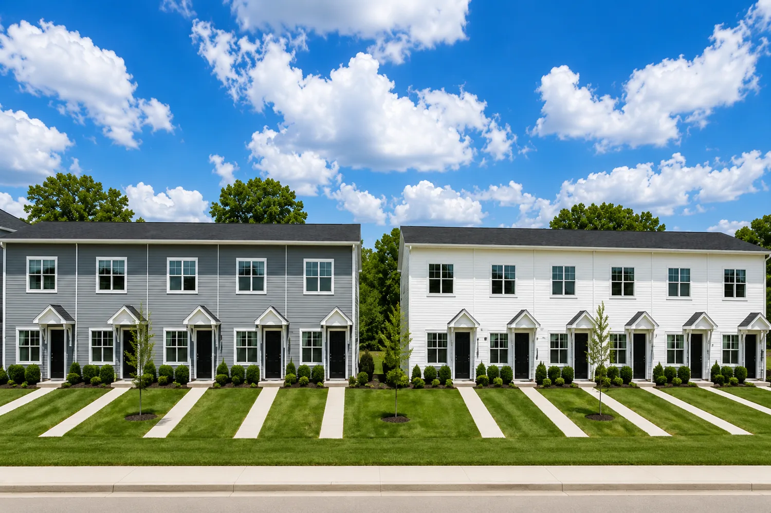 Two facing rows of Legacy Signature Rentals townhomes in Conover, NC — grey and white siding with covered front entries, clipped lawn and a private concrete walkway to every door under a blue summer sky