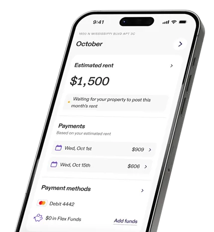 The Flex app on a phone, showing an estimated rent of $1,500 split into two smaller payments on the 1st and the 15th