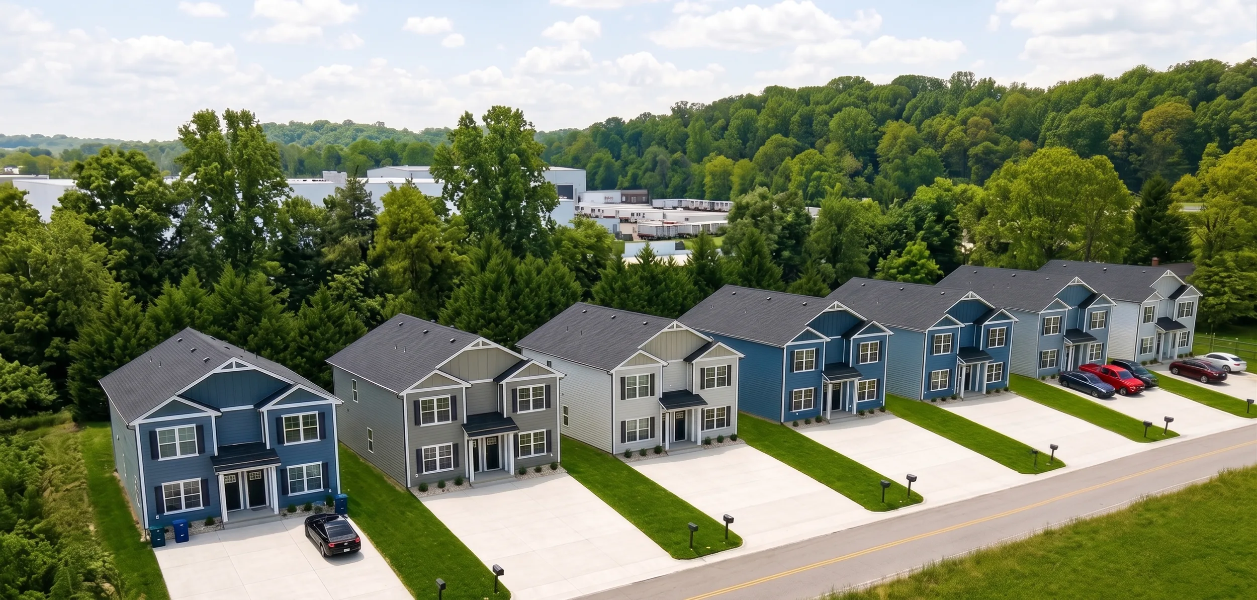 Curving street of new two-story Legacy Signature Rentals townhomes at golden hour — white board-and-batten siding over stone bases, black-trimmed windows, dark garage doors and young trees along the sidewalk