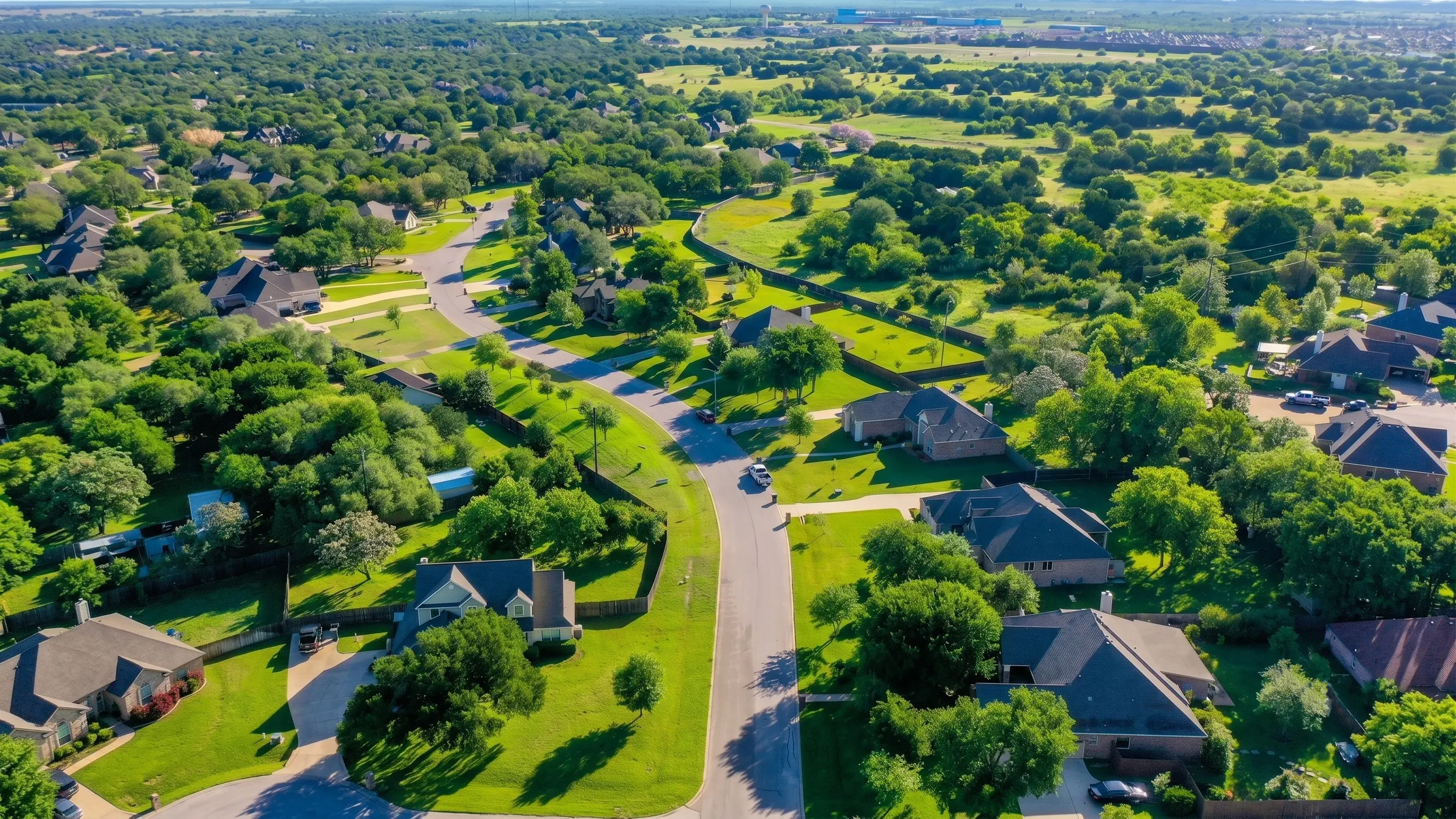 Aerial view over a residential neighborhood in Temple, TX — single-family homes on wide green lawns along a curving street, mature trees throughout and open Bell County countryside beyond