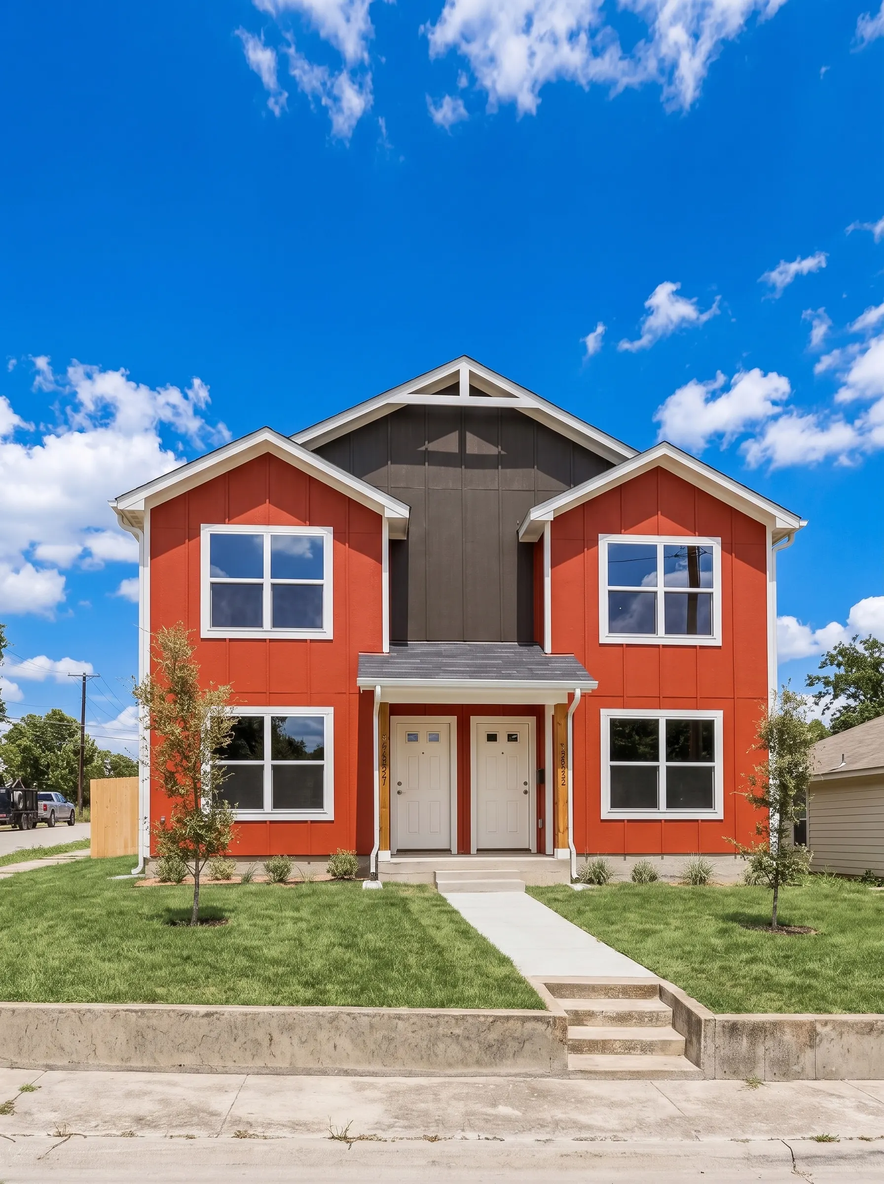Front elevation of a newly built Legacy Signature Rentals duplex for rent in Temple, TX — orange board-and-batten siding with white trim, a dark grey centre gable and two white front doors under a shared porch, on a new lawn with young trees